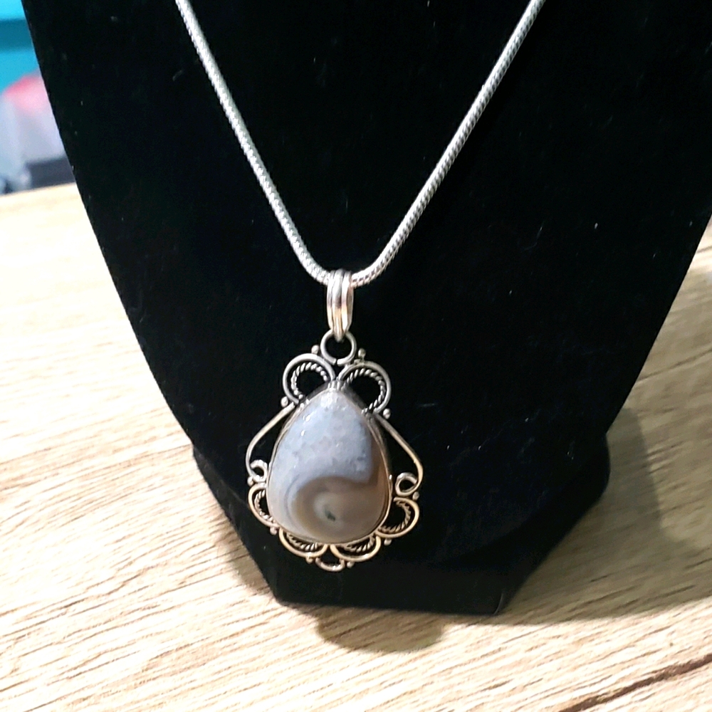 Men's Multi Color Botswana Agate Silver Necklace - Picture 1 of 10